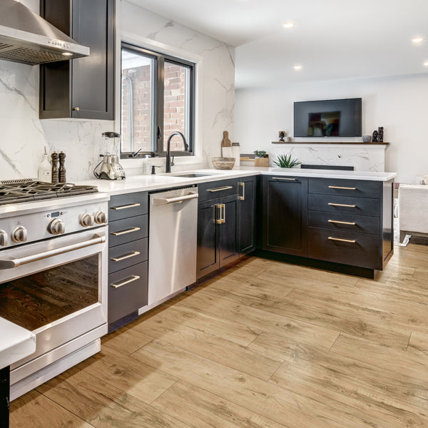 A whimsical kitchen featuring Dahlia SPC vinyl plank flooring