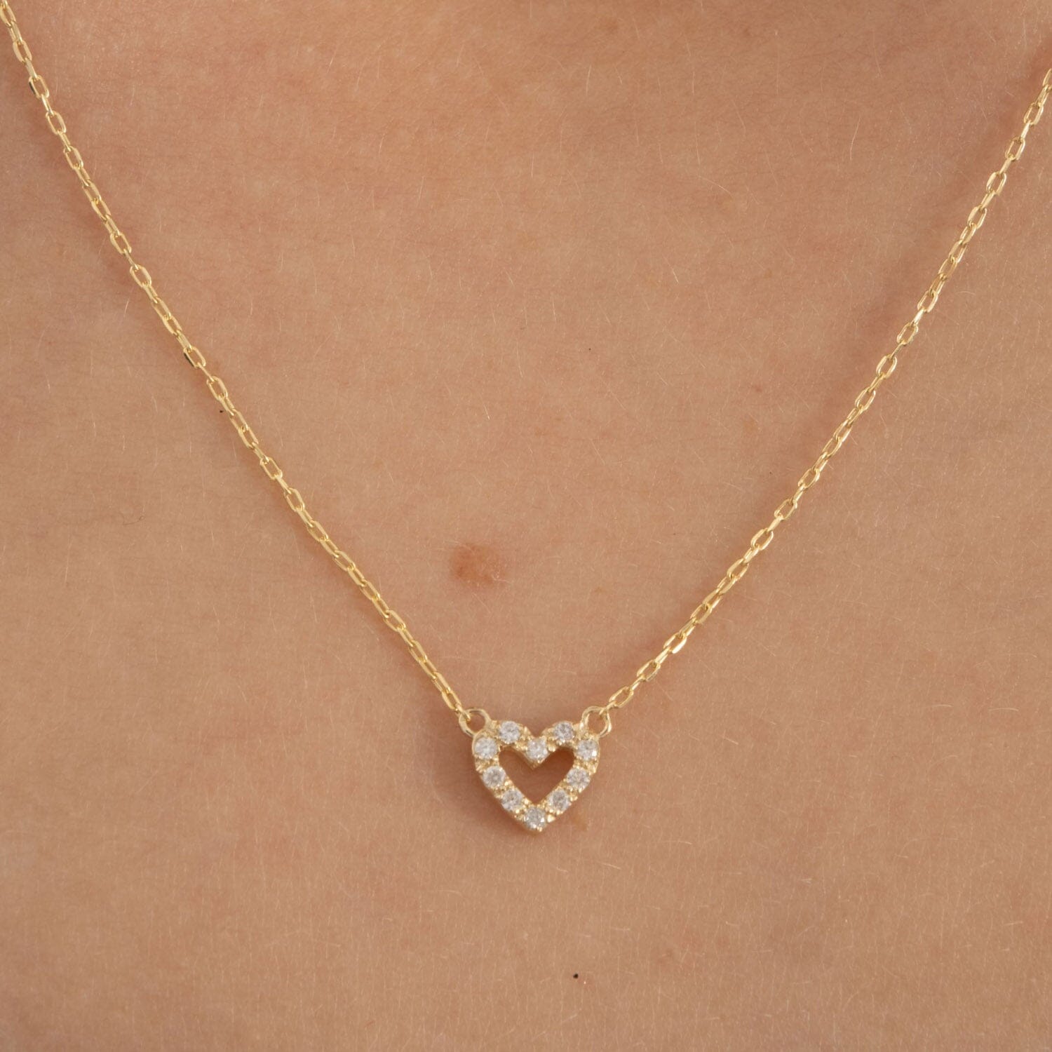 14k Solid Gold Hollow Heart Pendant with Diamonds