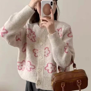 Hnewly  Cute Floral Knitted Cardigan for Women Cozy O-neck Button Front Sweater Jacket Teen-girl Fall Winter Korean Fashion Outfit - hnewly