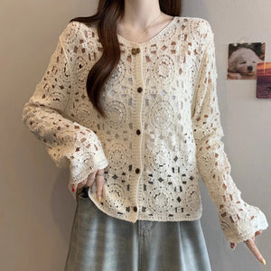 Hnewly  Crochet Cardigan for Women Sheer Openwork Knitted Top Button Down Openknit Blouse Boho Chic Vacation Outfit - hnewly