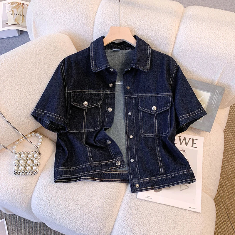 Hnewly  Deep Blue Short Sleeve Denim Jacket For Women Spring/Summer Lapel  Single Breasted Korean Loose All-Match Short Casual Top