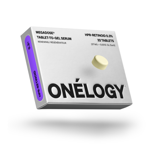 3D rendering of a fictional medication package labeled 'ONÉLOGY' with one tablet visible.