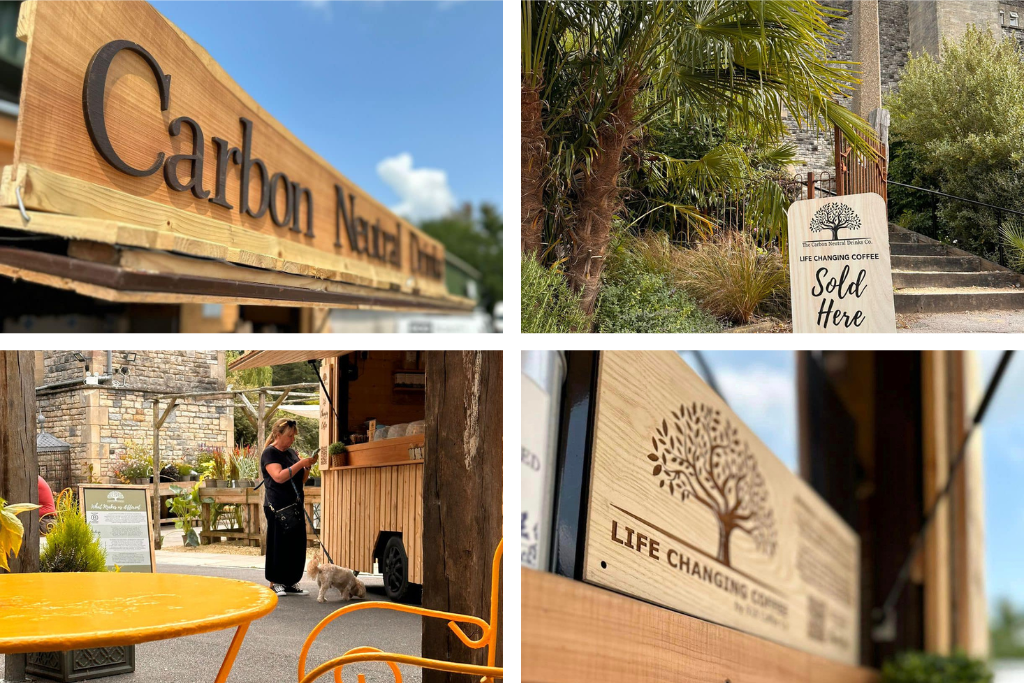 A quad of images displaying The Carbon Neutral Drinks Company at Kilver Court - including close-ups of the sign, logo, table and chairs and signage