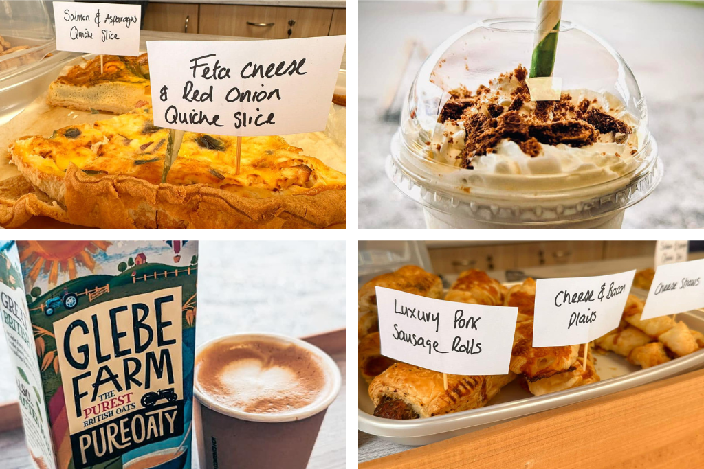 A quad of images showing a selection of food from coffees and milkshakes to tarts and sausage rolls