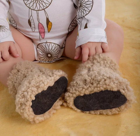 Warm sheepskin baby booties for winter