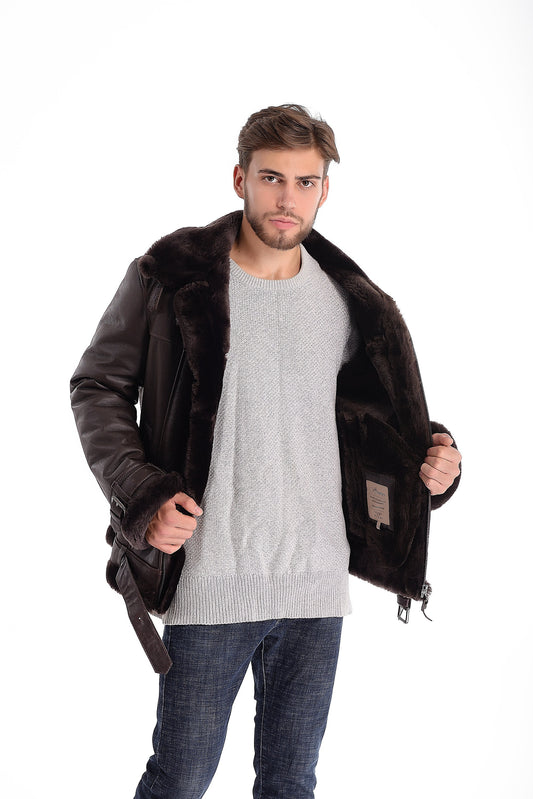 Mens Long Shearling Sheepskin Coat in Black Color with Wide Grey Fur Collar