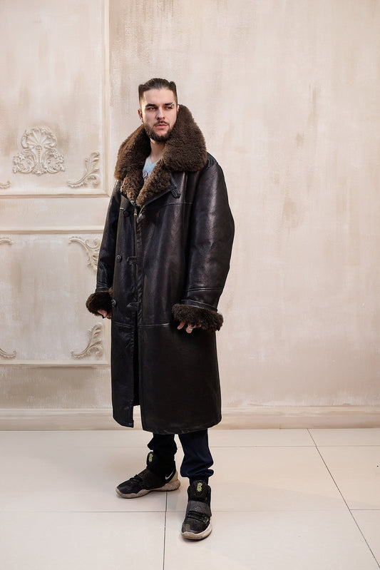 Mens Long Shearling Sheepskin Coat in Black Color with Wide Grey