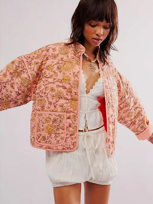 Kukombo outfit Fashion Women Autumn Short Quilted Coats Flower Print Long Sleeves Coats Chic Loose Single Breasted Jacket 2024 - Kukombo