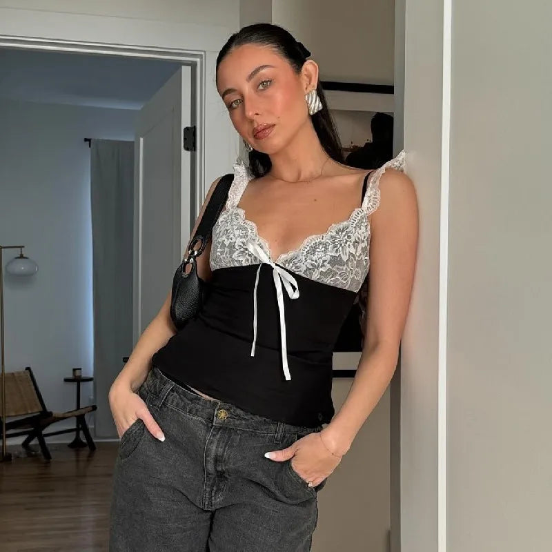 Kukombo Outfit 2024 new summer women's clothing pure lust sexy lace splicing hot girl slim camisole sexy party club clothing