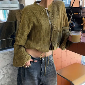 Kukombo Outfit Fashion Lace Cardigan Women's Solid Long Sleeve Short Jacket Loose Casual O Neck Pleated Patchwork Street Shirt Top - Kukombo