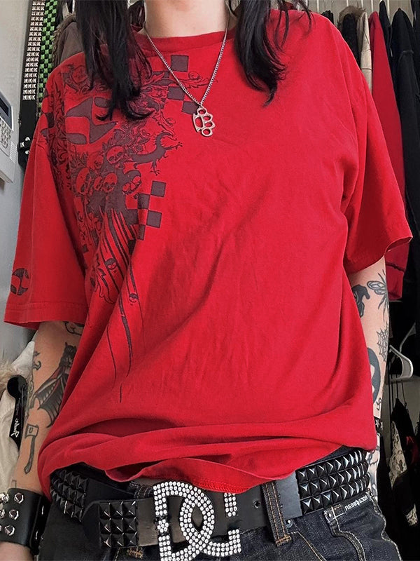 Kukombo Red Hip Pop Oversized Skull Print Short Sleeve Tee