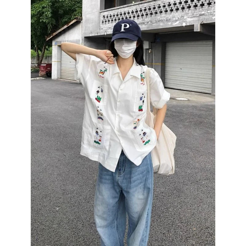 Kukombo Christmas gifts Harajuku White Shirts Women Embroidery Short Sleeve Blouses Summer Streetwear Korean Fashion Oversized Loose All Match Tops New