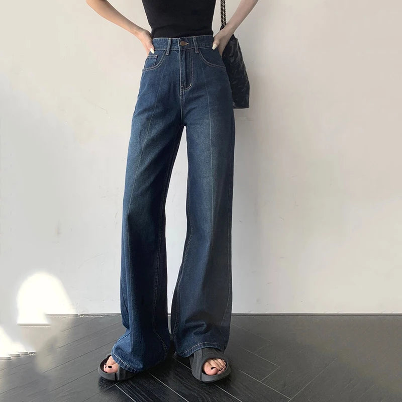 Kukombo Streetwear Women High Waist Jeans Korean Fashion All Match Loose Wide Leg Pants Spring Female Straight Denim Trousers New