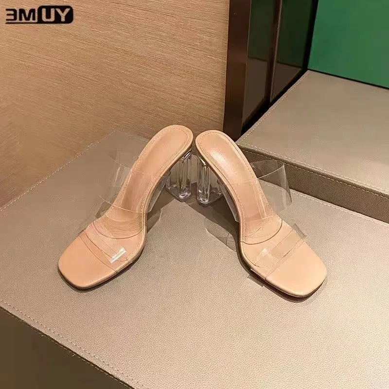 Kukombo Summer High Heels Women Shoes Fashion Transparent Heels Sexy Hollow Breathable Slippers Square Toe Female Clear Heels Slides