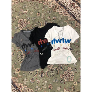 Kukombo American Vintage 2000s Y2k Tshirts Women Casual Printed Elegant Design Crop Tops Female Slim Tees Short Sleeve Outwear Chic - Kukombo