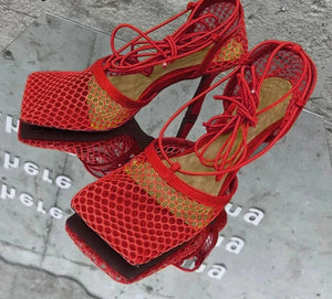 Kukombo Sexy Mesh Pumps Sandals Female Square Toe High Heel Lace Up Cross-Tied Stiletto Hollow Dress Shoes Zapatos Mujer - Kukombo