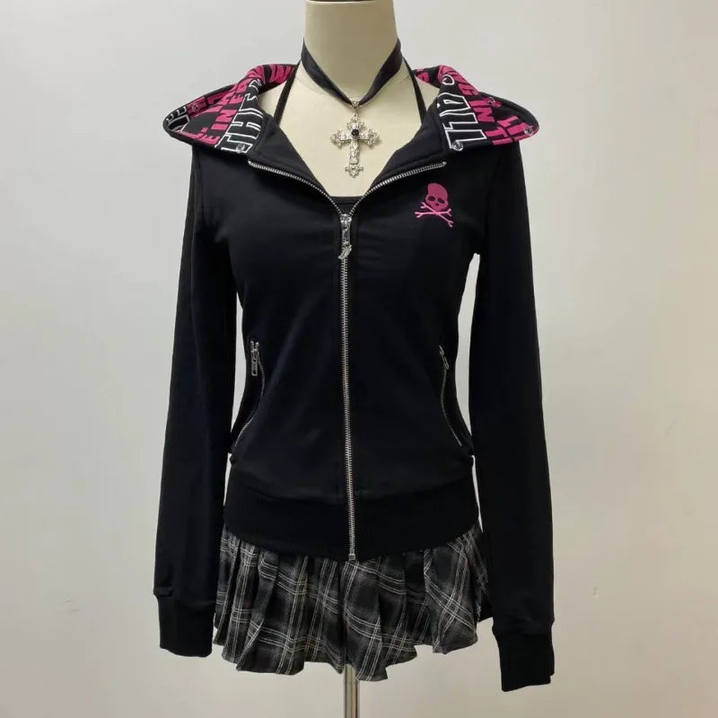 Kukombo Black Streetwear Hoodie Women's Clothes Letter Skull Print Zipper Y2k Coat Harajuku Japanese Sweatshirts Jacket Tops Ropa Mujer