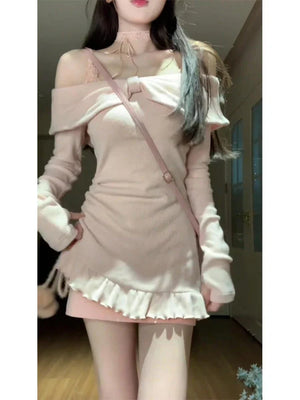 Kukombo Pink Camisole Dress Vintage Suits Two Piece Sets Outfits Women Sweet Sexy Lace Long Sleeve Slim Fit Y2k Crop Tops Spring Y2k - Kukombo