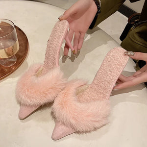 Kukombo Spring Pointed Toe Mules Shoes 2024 Women Slippers Slip On Women Fashion Girls Comfrot Heel Shoes Party High Heel Fur Sandals - Kukombo