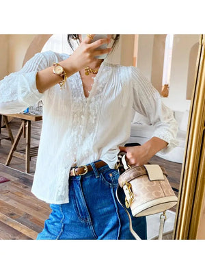 Kukombo Spring/Summer 2024 Lace Hook Flower Hollow French Style Loose White Cotton Women Casual Shirt Long Sleeve Temperament Blouses - Kukombo