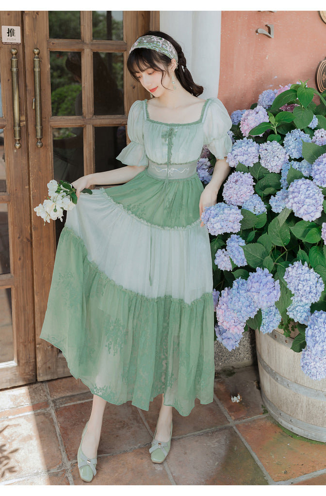 Kukombo Mori Girl Green Gentle Fairy Summer Chiffon Dresses Puff Sleev