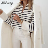 Christmas Gift Msfancy Knitted Pullover Women Vintage Black And White Plaid Long Sleeve Sweater 2021 Mujer Chic V-neck Casual Knitted Tops