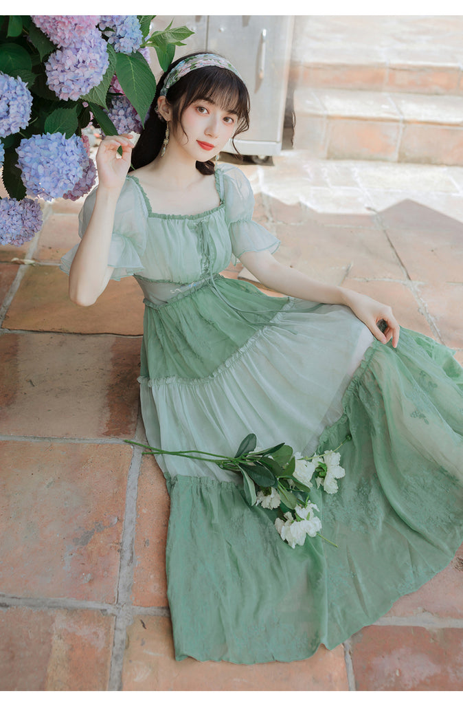 Kukombo Mori Girl Green Gentle Fairy Summer Chiffon Dresses Puff Sleev