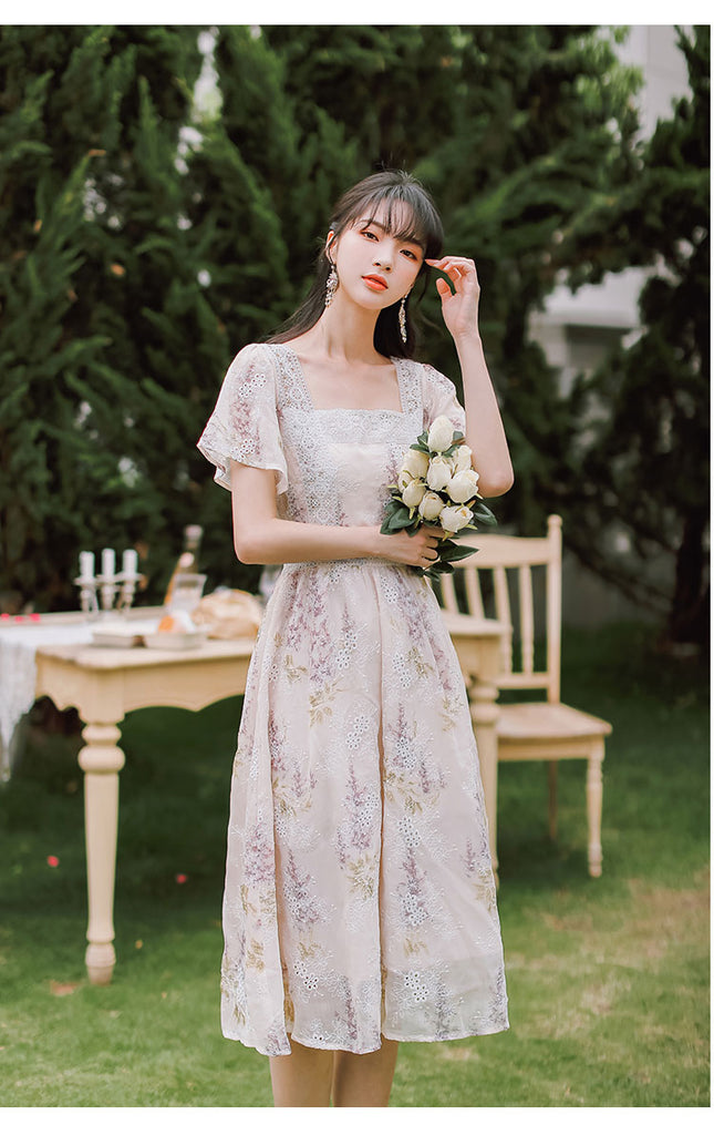 Kukombo Sweet Floral Fairy Dress Women Summer 2022 New French Retro Square Collar Chic Flare Sleeve Lace Hollow Elegant Gentle Vestido