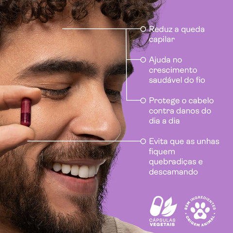 Homem segurando uma cápsula do Nutricosmético Cabelos & Unhas da Intua perto de seu rosto; do lado direito da imagem estão listados os benefícios do protudo.