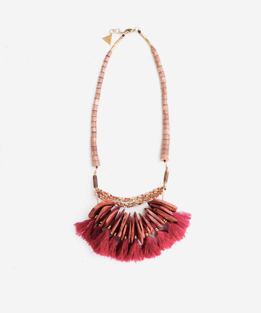 Silk Fringe and Wooden Beads Statement Necklace – Serefina