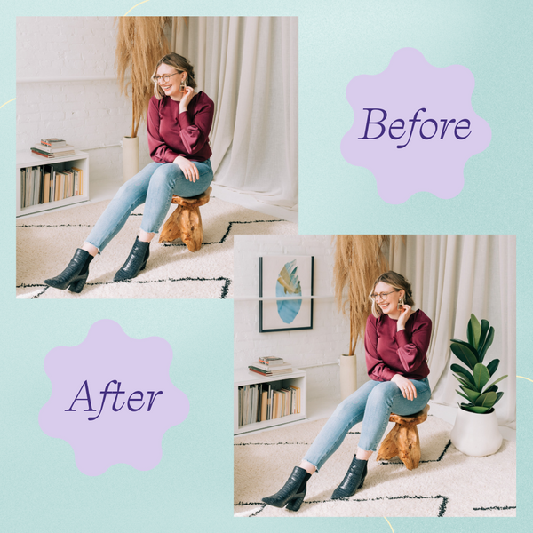 Victoria, Girlboss' senior writer, in two side-by-side headshots. She's sitting on a wooden stool and smiling with her hand in her hair. The bottom right image has an AI-generated plant and artwork in the background. There are two purple squiggles, one says "Before" and the other says, "After." The background is blue watercolor.