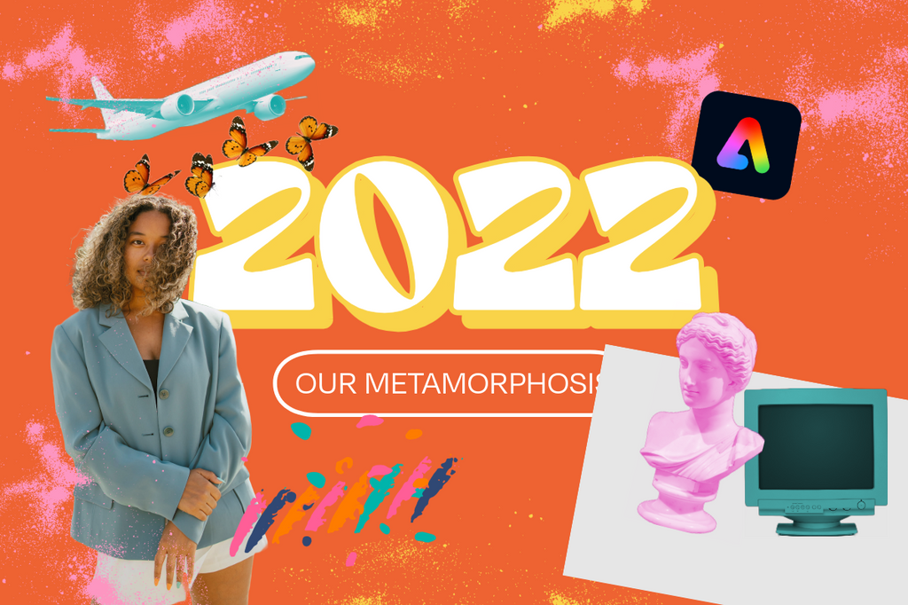 A collage of Shyne Webster with an Adobe Express logo, butterflies, an airplane, a computer and a statue bust. It says, "2022: Metamorphosis."