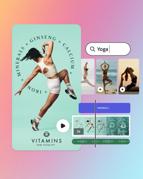A collage with a woman doing an athletic pose on a phone, with a video player and more photos of women doing yoga. The background is rainbow watercolor.