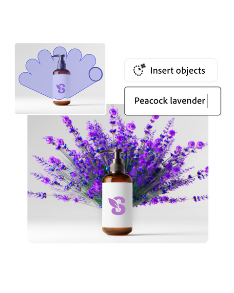 A bottle of lotion with lavender stems in the background, in the shape of a peacock feather fan. It says, "Insert objects: peacock lavender."