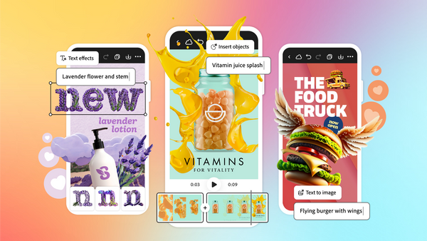 Three phones with different branding, one is a lavender lotion, the other is a vitamin brand and the other is a food truck business with a burger with wings. It shows how Adobe Express' Firefly generative AI on mobile helps create brand assets. The background of the image is rainbow gradient.