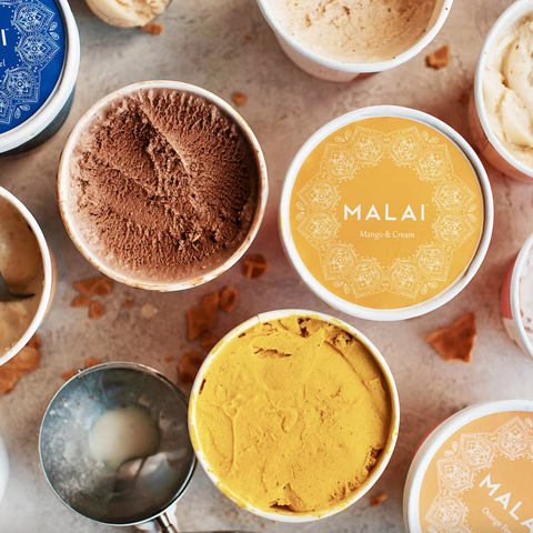 Open pints of Signature Ice Cream, Malai Ice Cream like mango and masala chai.