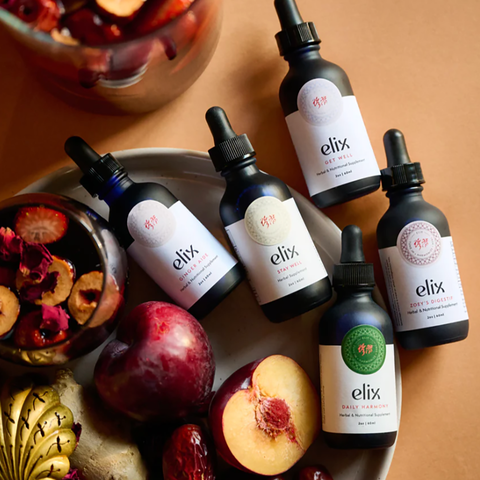 An overhead shot of The Elix TCM Wellness Set with fruit.