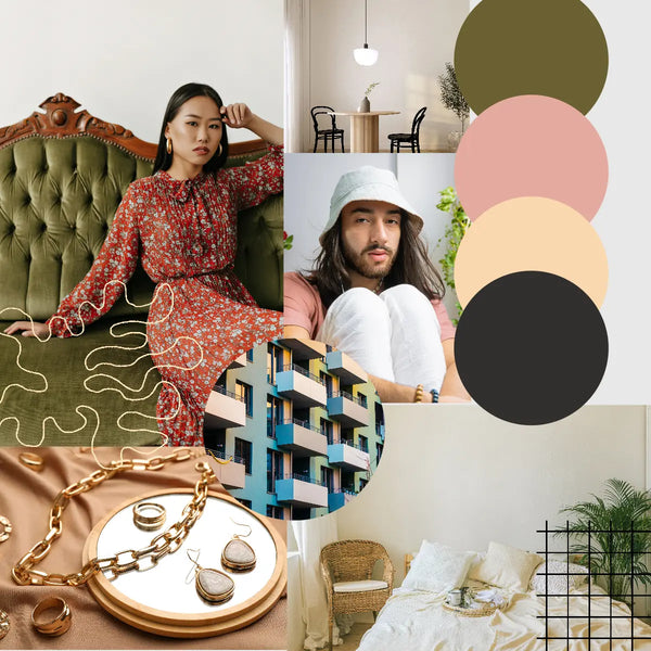 A collage with a woman and a man, a color palette, interior design shots and a table with jewelry.