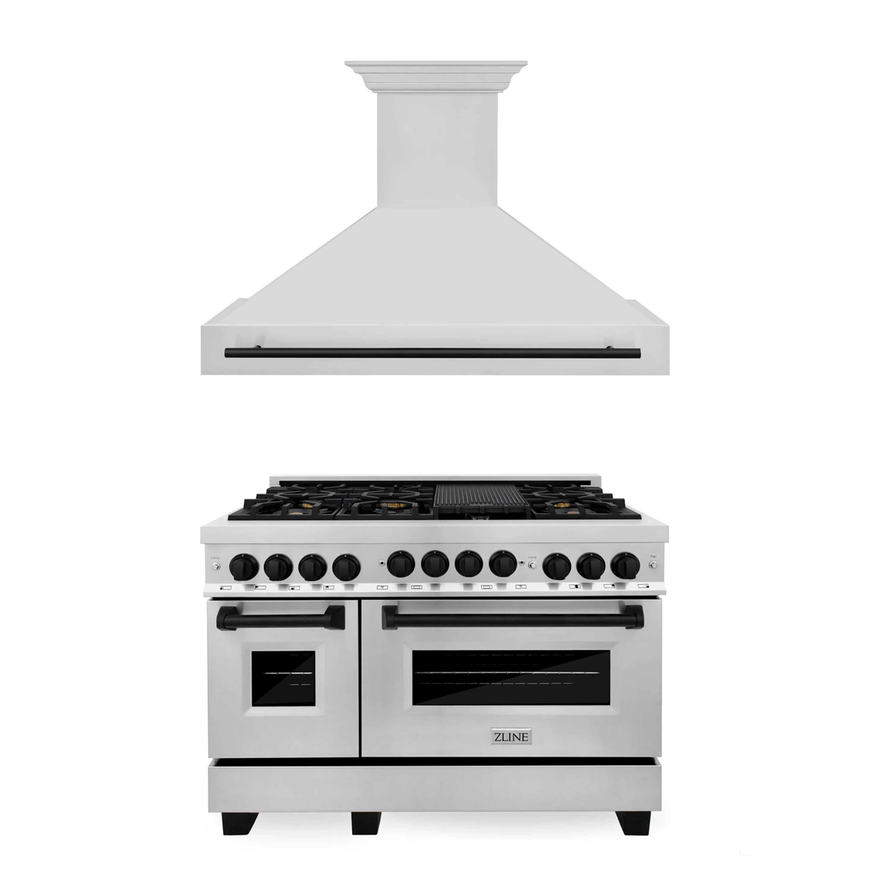 ZLINE 48" Autograph Edition Kitchen Package with Stainless Steel Gas Range and Range Hood with Matte Black Accents