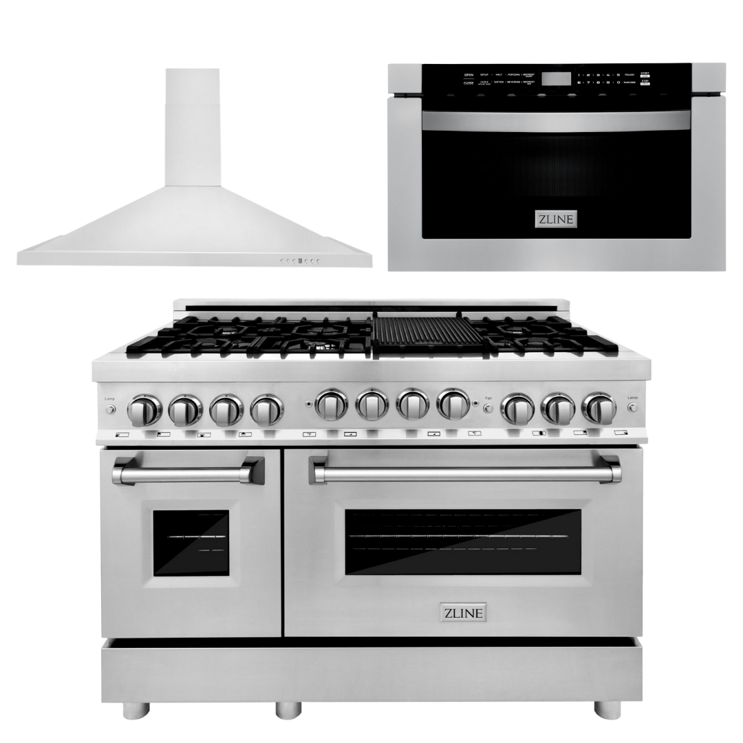 ZLINE Appliance Package - 48 in. Gas Range, Range Hood, Microwave Drawer, 3KP-RGRH48-MW