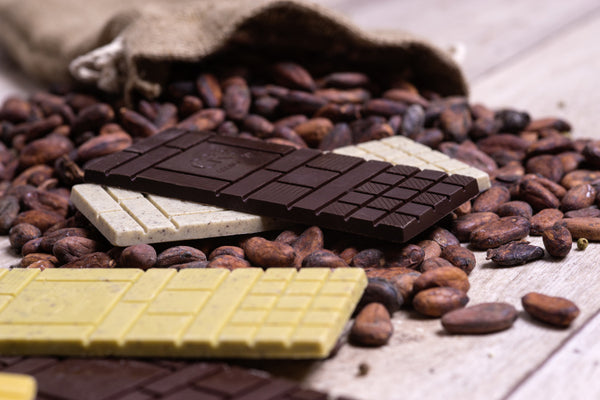 Drei Schokoladentafeln von Georgia Ramon auf Kakaobohnen