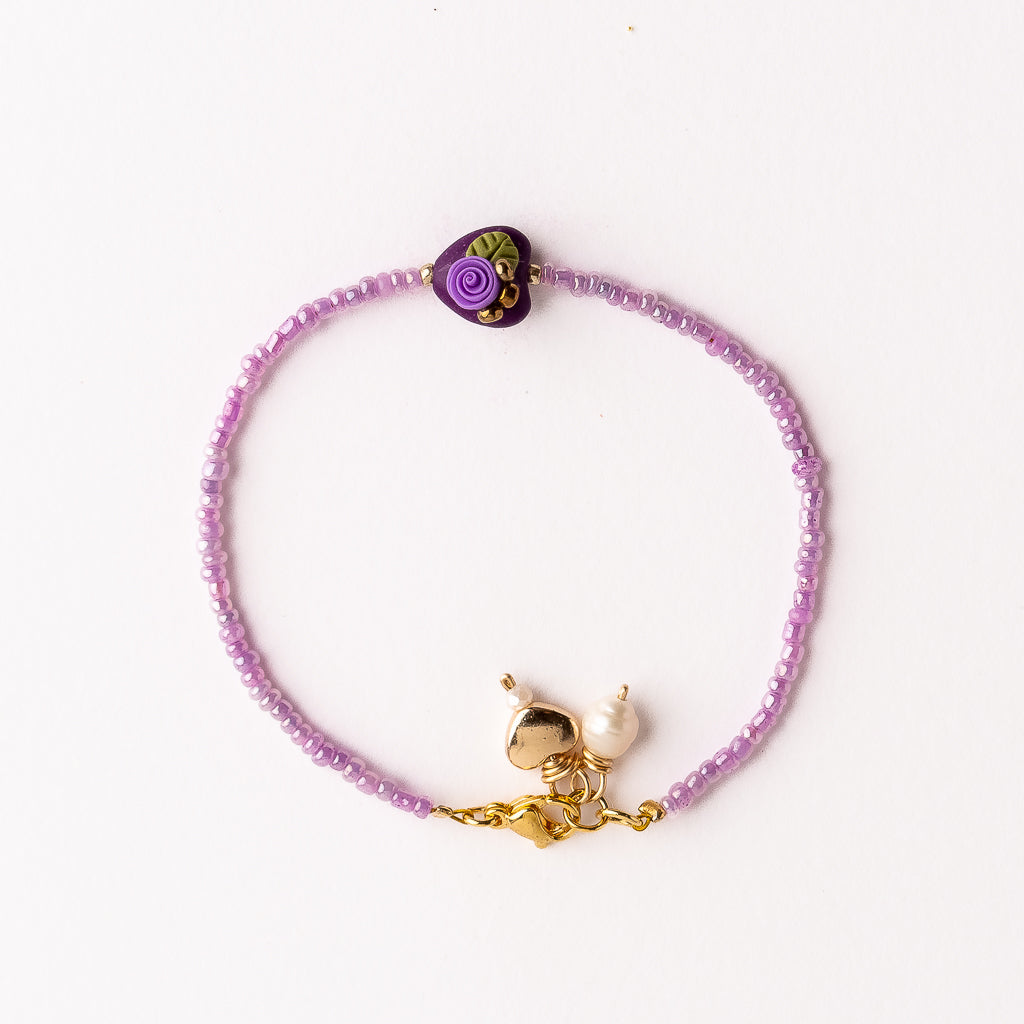 Pulsera Magnolia Corazón Morado con Flor Morada – Alma Mía