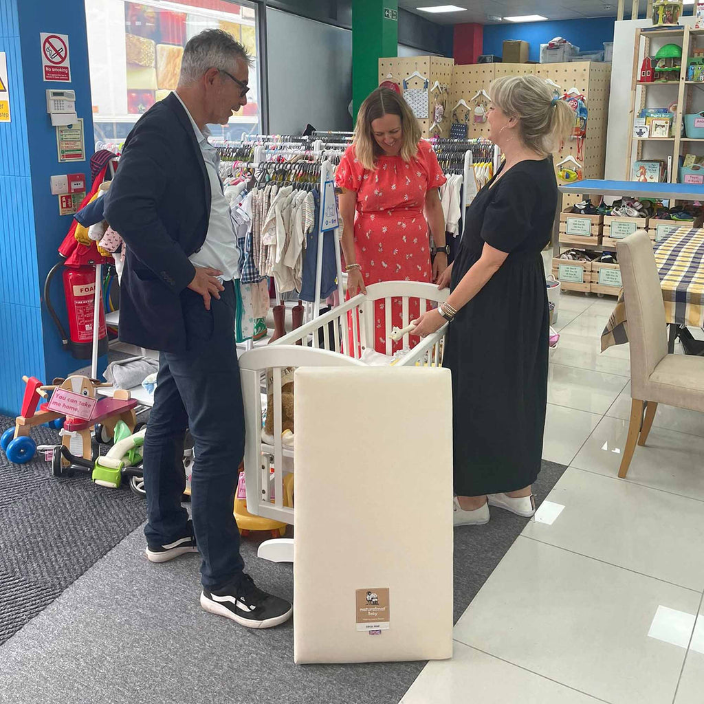 Founder of Naturalmat Baby, Mark Tremlett with CEO of The Lullaby Trust Jenny Ward, and Sophie Livingstone MBE, CEO of Little Village charity.