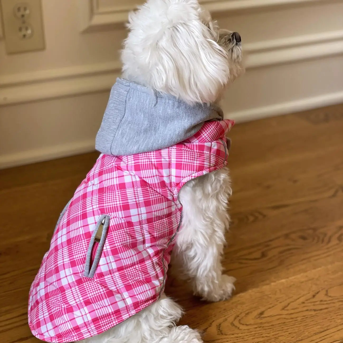 Weekender Pink and White Plaid Flannel Hoodie Dog Sweatshirt