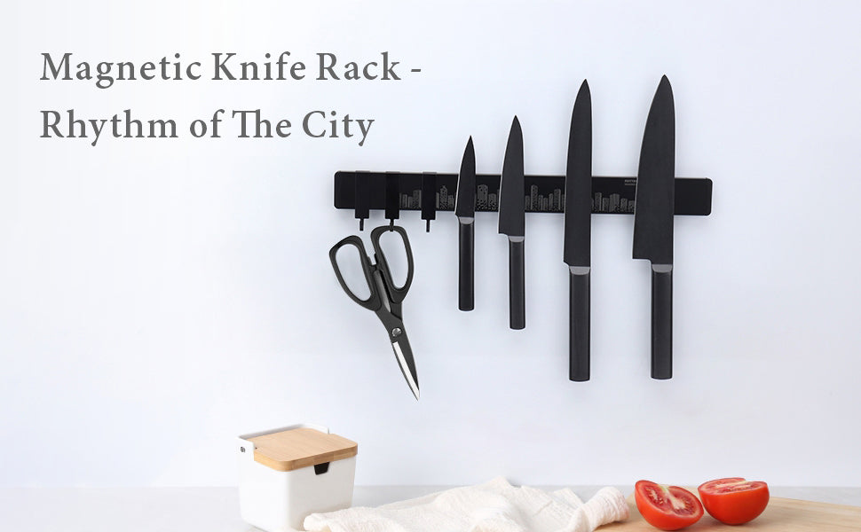 Modern Magnetic Knife Strip With 3 Hooks 16 Inch Rhythm Of The City Design