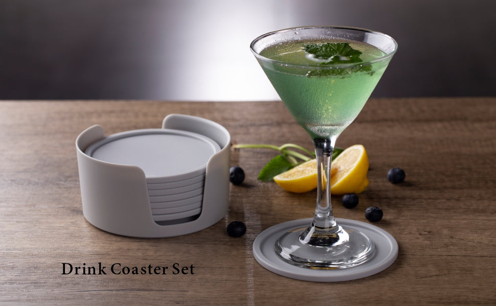 4.25 Inch Bar Drink Coasters With Holder Set Of 8 Grey Basic