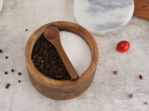 Acacia Wood Salt and Pepper Box Bowl Cellar with Grey Marble Lid