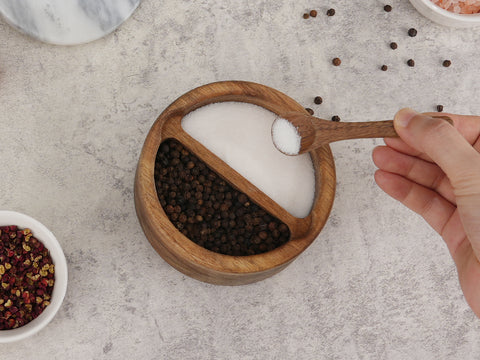 Acacia Wood Salt and Pepper Box Bowl Cellar with Grey Marble Lid