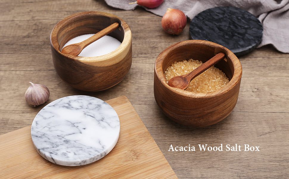 10 oz Acacia Wood Salt Box with Built-in Spoon and Marble Lid Black