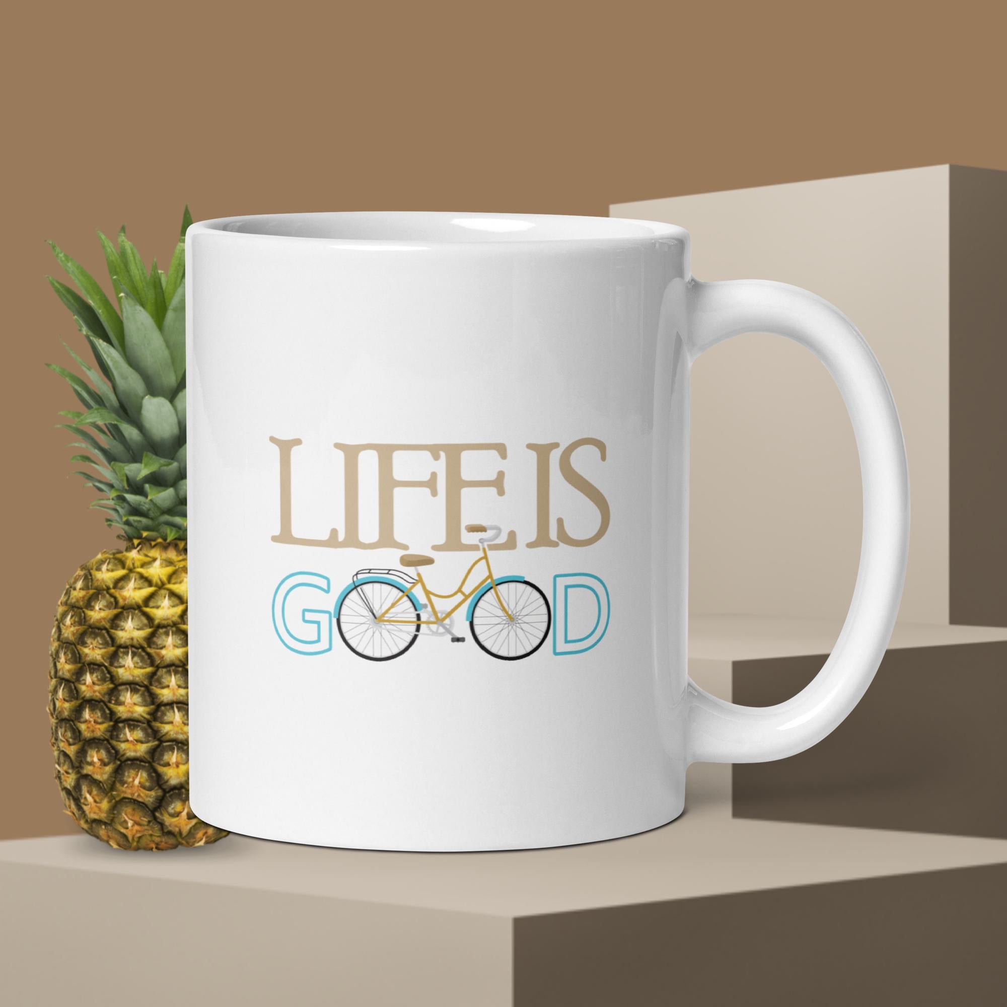Life is good (with bike) White glossy mug